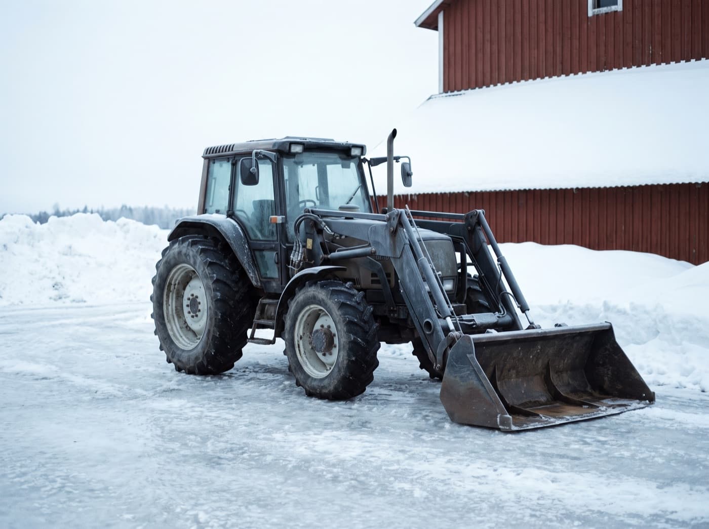 Traktor och lantbruk i vintermiljö
