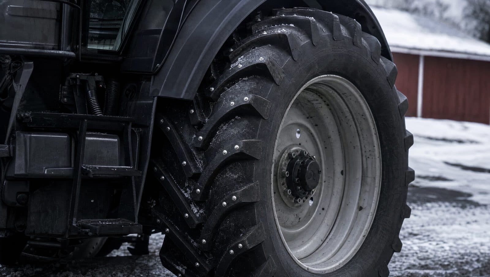 Bakhjulet på en traktor, med skruvdubbar i mönsterklackarna.